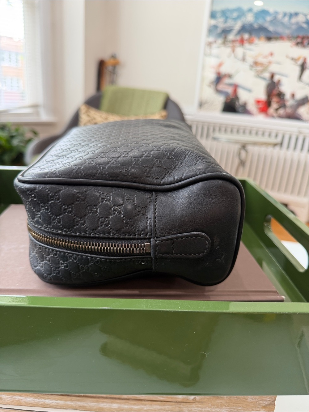 Authentic Gucci Black GG-Embossed Leather Toiletry Pouch with Silver-Tone Zip - Picture 7 of 10